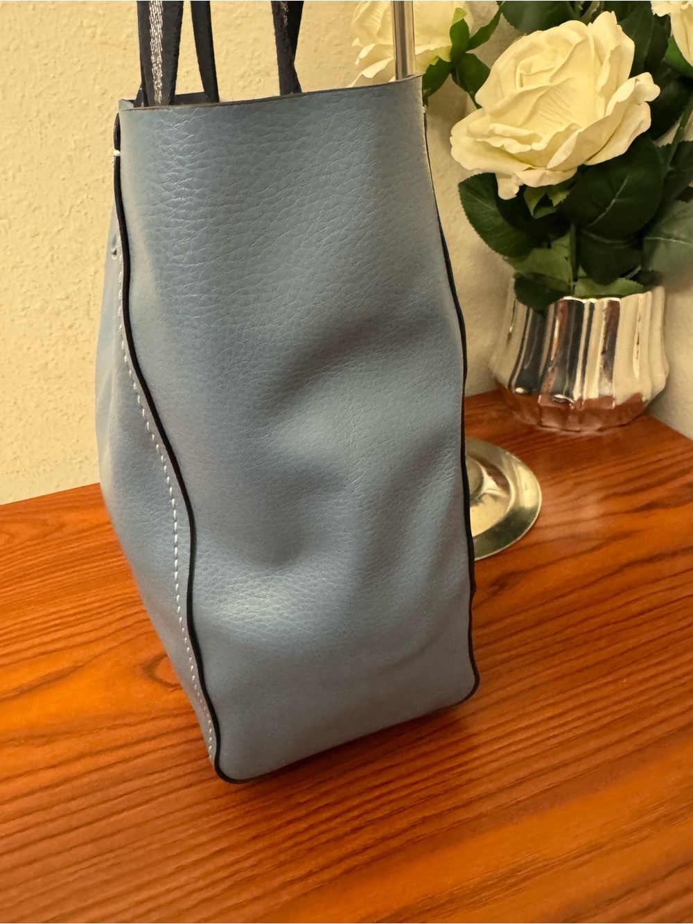 Coach Blue Leather Tote with Navy Striped Handles - Picture 7 of 16